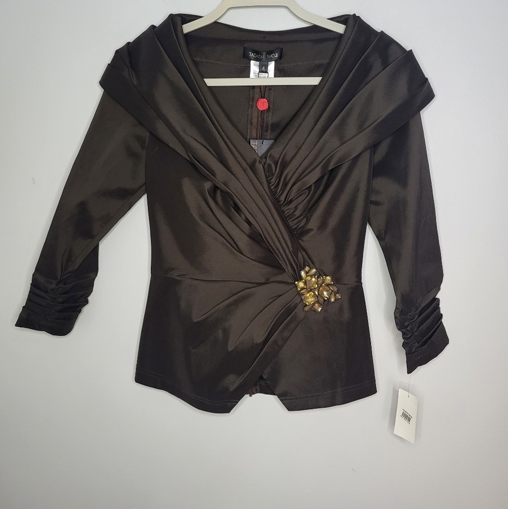 Tadashi Shoji Mother Of The Bride Taffeta Top ONLY Size 4 Espresso Brown Jewel - Picture 1 of 16